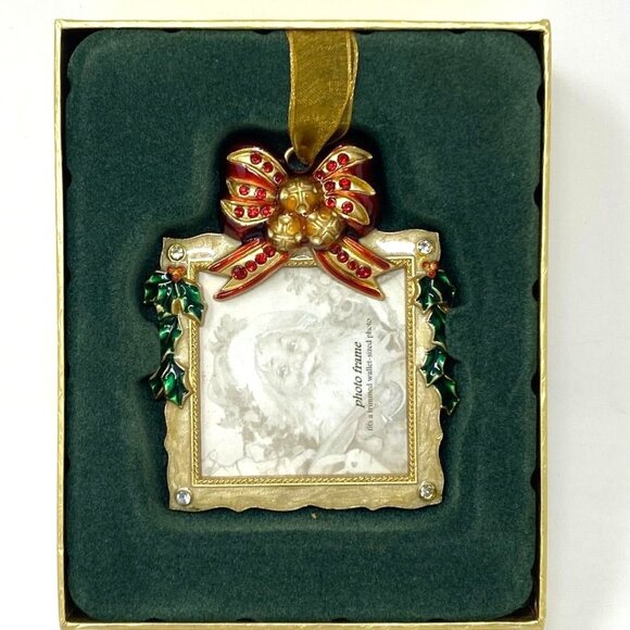 Costco Jeweled Gold Tone Picture Frame Square Ornament Red Bow Ivy Christmas - Picture 5 of 6